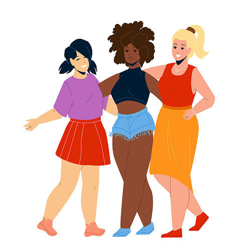 Diverse People Women Embracing Together Vector. Multiracial Caucasian, African And Asian Diverse Girls Staying And Embrace Togetherness. Characters Friendship Flat Cartoon Illustration