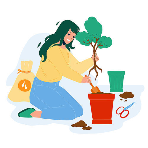 Replant Leaves Occupation Woman In Garden Vector. Young Girl Gardening And Replant Leaves In Pot. Character Lady Care Natural Growing Tree Plant, Home Planting Flat Cartoon Illustration