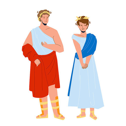 Roman Man And Woman In Traditional Clothes Vector. Roman Legionary And Citizen Lady Wearing National Clothing Staying Together. Characters Rome People Boy And Girl Flat Cartoon Illustration