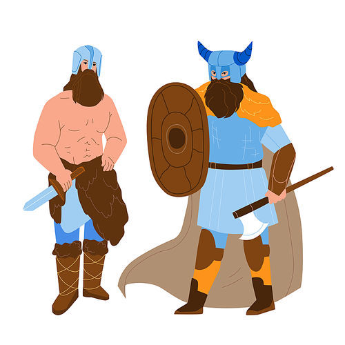 Viking Men Armoured With Axe And Shield Vector. Bearded Muscular Viking Strong People With Knife Weapon Wearing Helmet With Hornes. Characters Guys Warriors Flat Cartoon Illustration