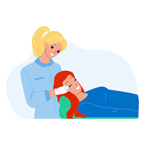 Eyelashes Extension Procedure Make Stylist Vector. Eyelashes Extension Make Beauty Salon Worker For Woman Client. Characters Professional Spa Treatment Or Correction Flat Cartoon Illustration
