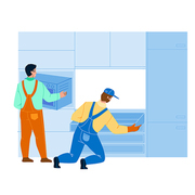 Handyman Workers Install Kitchen Furniture Vector. Professional Serviceman Installing Kitchen Cabinets, Assembling Process. Characters Renovation Occupation Flat Cartoon Illustration