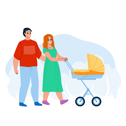Parents Walking With Kid Stroller Together Vector. Young Father And Mother Walk With Newborn Baby Stroller In Park. Characters Family Funny Leisure Time Outdoor Flat Cartoon Illustration