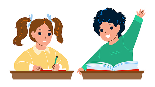 Pupils Boy And Girl Studying At School Desk Vector. Schoolboy Raise Hand For Answering On Question And Schoolgirl Writing In Notebook With Pen, Pupils Study. Characters Flat Cartoon Illustration
