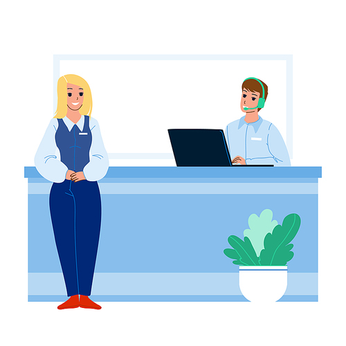Receptionist Working At Desk In Hotel Lobby Vector. Woman Receptionist Smiling Standing Near Reception Table And Man Worker Talking With Customer On Phone. Characters Flat Cartoon Illustration
