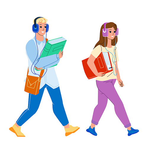 Audiobook Listening Boy And Girl On Street Vector. Young Man And Woman Walking With Book And Listen Audiobook In Earphones. Characters Electronic Gadget For Study Flat Cartoon Illustration