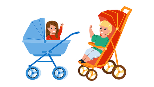 In Baby Carriage Sitting Toddler Children Vector. Happiness Little Boy And Girl Sit In Baby Carriage And Waving With Hand. Characters In Stroller Transportation Flat Cartoon Illustration