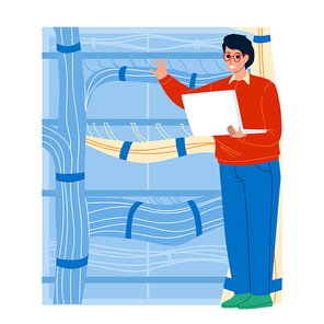Server Administrator Testing Equipment Vector. Young Man Server Administrator Technician Examining Switches Internet Cable Of Powerful Routers. Character It Programmer Flat Cartoon Illustration