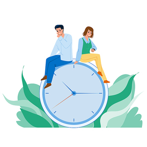 Time Management Young Man And Woman Couple Vector. Boy And Girl Sitting On Clock And Managing Or Saving Time Together. Manager Project Deadline Characters Flat Cartoon Illustration