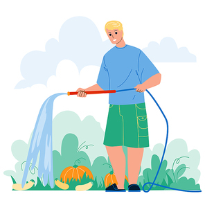 Farmer Watering Garden Agricultural Plant Vector. Farmland Worker Young Man Watering Growing Vegetable. Character Gardener Agriculture Occupation Activity Flat Cartoon Illustration