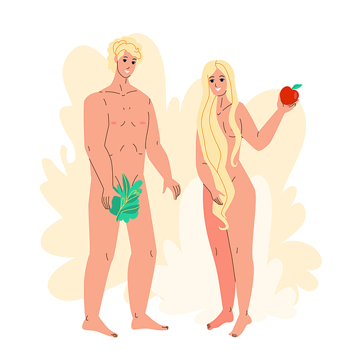 Adam And Eve Standing Together In Paradise Vector. Adam And Eve Holding Tree Leaf And Apple Fruit Stand Togetherness In Eden. Religious Characters Man And Woman Flat Cartoon Illustration