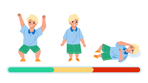 Boy Mood Laughing, Smiling And Offended Cry Vector. Little Kid Boy, Happy Play, Stand With Smile, Laying On Floor And Sobbing. Character Child Negative And Positive Emotion Flat Cartoon Illustration