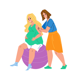 Doula Massaging Shoulders Of Pregnant Woman Vector. Pregnancy Girl Sitting On Inflated Ball Sphere And Doula Make Massage. Characters Helping Relax And Enjoy Flat Cartoon Illustration
