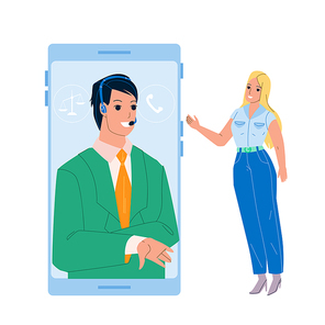Legal Advice Online Consultation Service Vector. Man Lawyer Consultant Legal Advice On Smartphone Call Helping Young Woman Victim. Characters Consulting Law Support Flat Cartoon Illustration