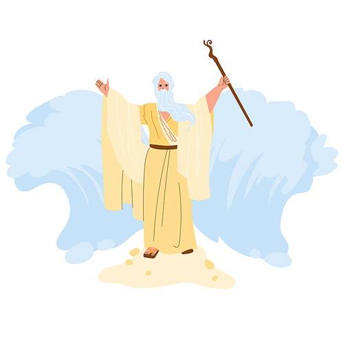 Moses Separate Sea Water Waves In Exodus Vector. Moses Biblical And Jewish Religion Person, Jews Liberty Guide With Stick Doing Miracle For Escape. Character Flat Cartoon Illustration