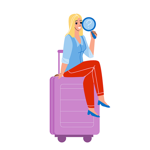 Girl Traveler Found Lost Baggage In Airport Vector. Young Woman Passenger Found Lost Luggage, Airline Service Trouble. Character Searching And Finding Suitcase Flat Cartoon Illustration