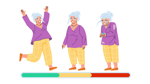 Old Woman Mood Laugh, Smile And Unhappy Vector. Happy Grandmother Mood Jumping, Standing And Smile, Stress And Crying. Character Elderly Lady Negative And Positive Emotion Flat Cartoon Illustration