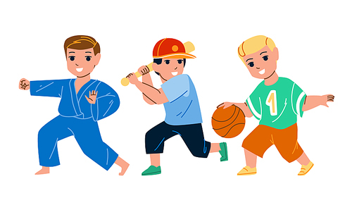 Boys Kids Playing And Training Sport Game Vector. Little Schoolboys Exercising Karate, Play Baseball And Basketball Sport Game With Ball. Characters Sportive Activity Flat Cartoon Illustration