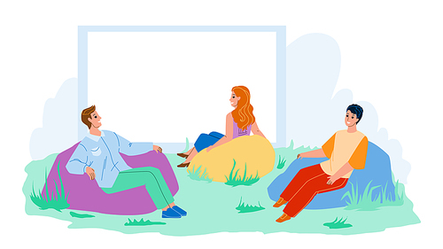 Outdoor Cinema Movie Enjoy People Together Vector. Men And Women Sitting In Soft Armchair And Watching Film In Outdoor Cinema. Character Resting Leisure Time Outside Flat Cartoon Illustration