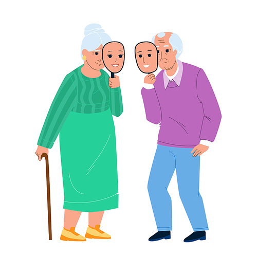 Ageism Of Elderly Man And Woman Couple Vector. Old Grandfather And Grandmother With Young People Face Mask, Ageism Social Problem. Characters Senior Retirement Flat Cartoon Illustration