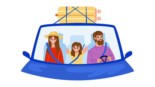 Family In Car Enjoy On Vacation Road Trip Vector. Man And Woman Parents And Girl Child Family In Car Traveling Together. Character Luggage Bag On Automobile Flat Cartoon Illustration