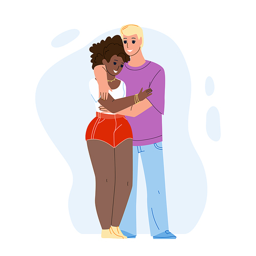Interracial Couple Boy And Girl Embracing Vector. Young Caucasian Man And African Woman Interracial Couple Embrace With Love Together. Characters Lovely Relationship Flat Cartoon Illustration
