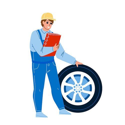 Mechanic Man Repair Flat Tire Car Wheel Vector. Vehicle Service Worker Checking And Fixing Transportation Part. Character Guy Professional Maintenance In Garage Flat Cartoon Illustration