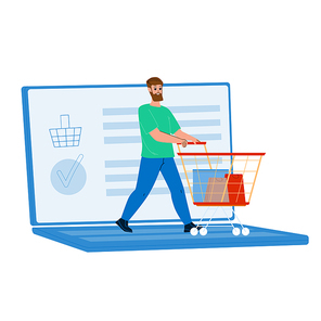 Online Shopping Doing Young Man Client Vector. Guy With Supermarket Cart Make Online Shopping, Choosing Goods On Laptop Screen. Character Internet Shop Market Purchase Flat Cartoon Illustration