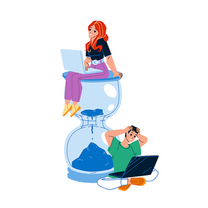 Deadline Missing Boy And Girl Employees Vector. Young Man And Woman Miss Deadline For Finish Project On Laptop. Characters Businesspeople Working Process And Business Flat Cartoon Illustration