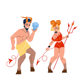 Devil People Man And Woman Stand Together Vector. Devil People Boy And Girl Holding Human Skull And Trident Accessories. Characters Halloween Holiday Celebrate Flat Cartoon Illustration