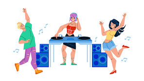 Dj Girl Playing Music On Night Club Party Vector. Young Woman Dj Play Disco Sound And Dancers Man And Lady Dancing Together. Characters Leisure Time In Nightclub Flat Cartoon Illustration