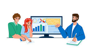 Financial Consultant Man Advising Clients Vector. Financial Consultant Businessman Advise Boy And Girl Couple In Office And Show Finance Graph On Computer Screen. Characters Flat Cartoon Illustration