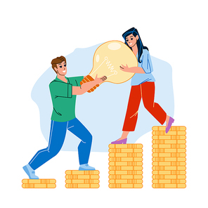 Financial Solution Of Man And Woman Family Vector. Young Boy And Girl With Business Idea And Financial Solution Earning Money Together. Characters Finance Investment Flat Cartoon Illustration