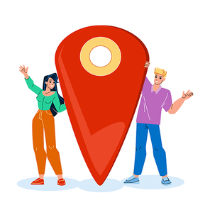 Man Location Searching Woman On Device Vector. Young Boy And Girl Standing Near Gps Location Mark, Tourist Travel Navigation System. Characters And Map Locate Sign Flat Cartoon Illustration