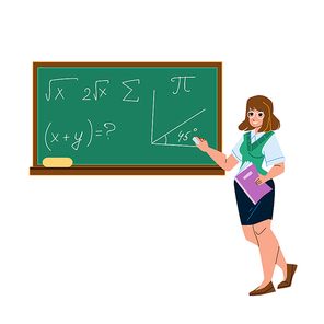 Math Education Lesson Teach Woman Teacher Vector. Young Girl Teaching Math Education In Classroom And Writing Mathematical Formula On Blackboard. Character Mathematic Flat Cartoon Illustration