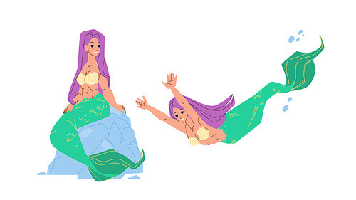 Mermaid Sit On Stone And Swim Underwater Vector. Mermaid Sitting On Rock And Swimming In Ocean Water. Character Marine Mystical Fairytale Woman With Fish Tail Flat Cartoon Illustration