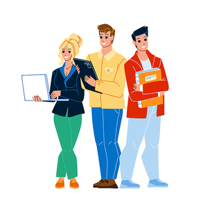 Office Team Colleagues Working Together Vector. Young Man And Woman Office Team Work With Laptop, Smartphone Digital Devices And Documentation. Characters Employees Flat Cartoon Illustration