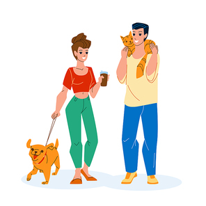 In Park Pet Walking Man And Woman Together Vector. In Park Pet Walking People With Dog And Cat Togetherness. Characters Boy And Girl Walk With Domestic Animal Outdoor Flat Cartoon Illustration