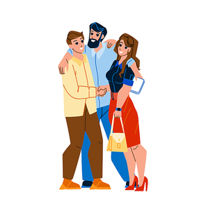 Partners Man And Girl Embracing Together Vector. Businessman And Businesswoman Partners Hugging After Deal Or Successful Achievement. Characters Employees Team Work Flat Cartoon Illustration