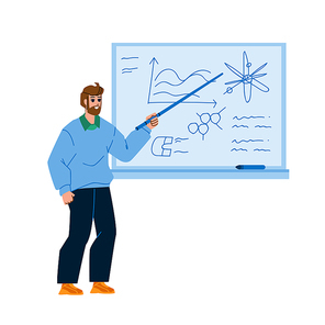 Physic Education Lesson Teaching Teacher Vector. Young Man With Pointer Pointing At Blackboard And Teach Physic School Or University Education In Classroom. Character Flat Cartoon Illustration