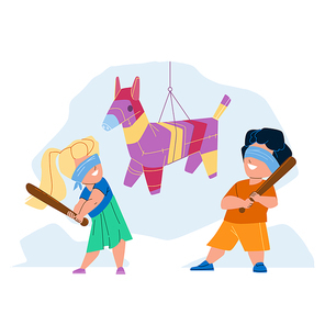 Pinata Hitting Little Boy And Girl On Party Vector. Pinata With Candies Hit Small Schoolboy And Schoolgirl On Mexican Traditional Event. Happy Characters Children Flat Cartoon Illustration