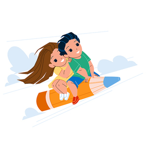 School Project Making Boy And Girl Pupils Vector. Schoolboy And Schoolgirl Make Educational School Project. Characters Fly On Pencil Stationery And Prepare Education Exercise Flat Cartoon Illustration