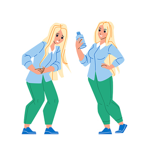 Woman With Upset Stomach And Treatment Vector. Young Girl With Upset Stomach And Nausea Drinking Water Or Painkiller Medicament. Character With Health Problem Flat Cartoon Illustration