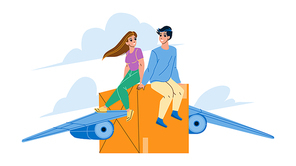 Air delivery cargo box. package paracel. plane fight. logistics express character web flat cartoon illustration