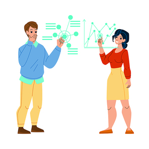 data visualisation man woman chart. digital concept. network technology. analysis big data science character web flat cartoon illustration