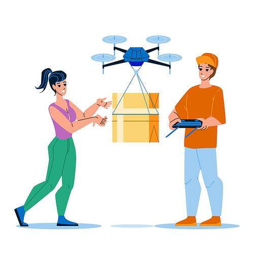 drone delivery box. robot package service. fast truck. future paracel order character web flat cartoon illustration