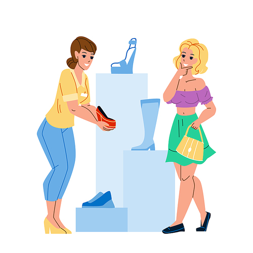 shoes store footwear. woman, girl shopping. retail fashion. boutique. assistant support character web flat cartoon illustration