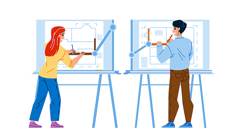 Architect Man And Woman Drawing On Board Vector. Architect Workers Draw Apartment Or House Construction Plan. Characters Developing Building On Paper List Flat Cartoon Illustration