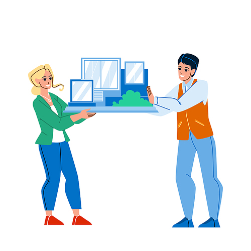 Architectural Model Presenting Architects Vector. Building Architectural Model Showing Man And Woman Workers. Characters Show House Construction Mockup Together Flat Cartoon Illustration