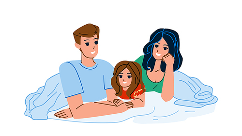 Family Resting In Bedroom Togetherness Vector. Father Mother And Daughter Laying On Bed And Relaxing Together In Bedroom. Characters Man, Woman And Girl Kid Enjoying Flat Cartoon Illustration